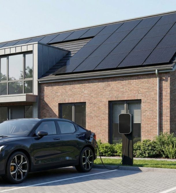E-Auto lädt vor einem eigenheim mit Solaranlage